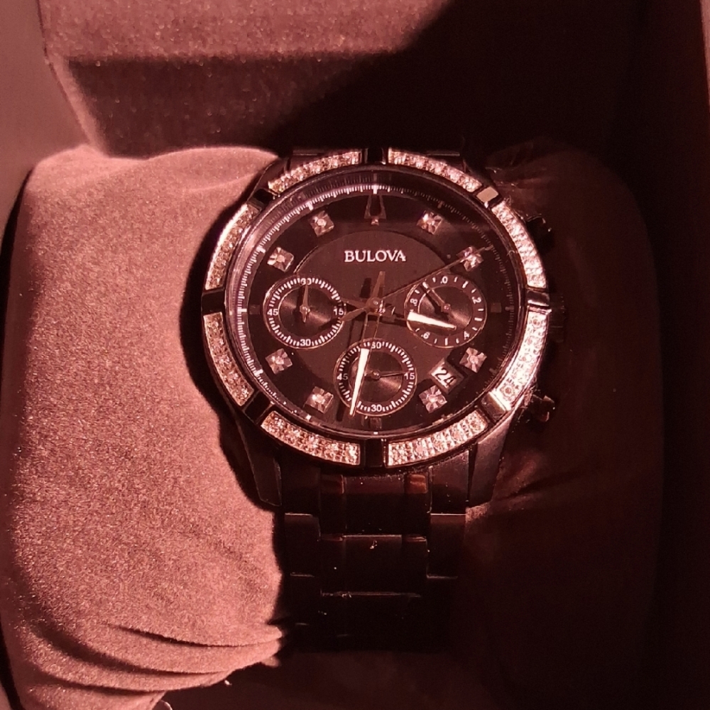 MENS Bulova Black stainless steel watch with diamond accents 44mm